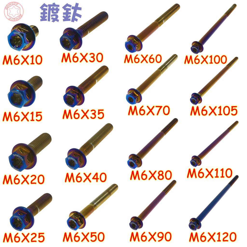 SOMOTO臺灣製造 M6 內星型(梅花) 外六角螺絲 白鐵原色／鍍燒鈦色／鍍黑色 304不鏽鋼螺絲