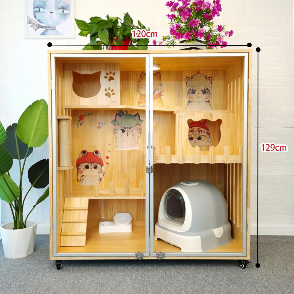 【台灣現貨+預購】實木貓別墅 豪華家用貓公寓 大空間貓籠貓櫃子 雙層三層防水貓房子 加寬貓屋貓舍貓窩 寵物籠子 3