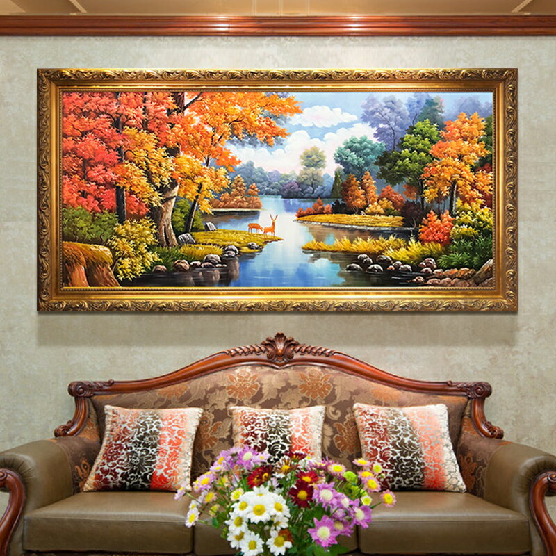 純手繪歐式油畫客廳臥室裝飾畫美式山水風景畫聚寶盆掛畫橫版壁畫