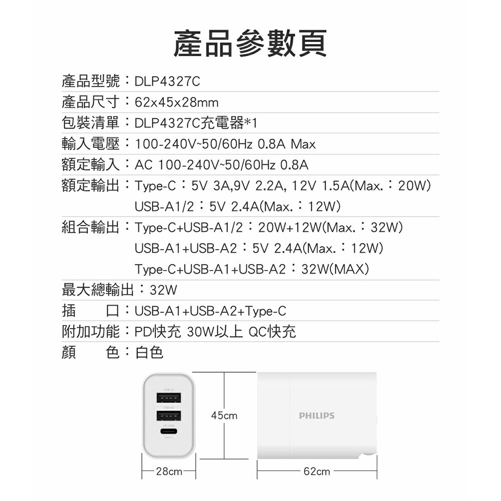 PHILIPS 飛利浦 DLP4327C 32W PD充電器 Type-C 充電器 旅充頭 快充頭 充電頭 9