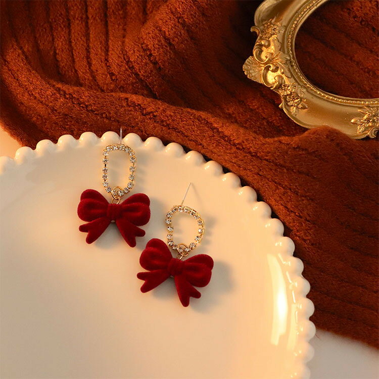 絲絨紅色蝴蝶結耳釘韓國小眾設計感結婚耳環2021年新款潮訂婚女
