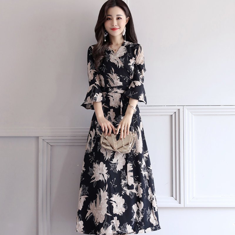 FINDSENSE G5 韓國時尚 高腰 繫帶 修身 顯瘦 花色 中長款 連身裙 女裙