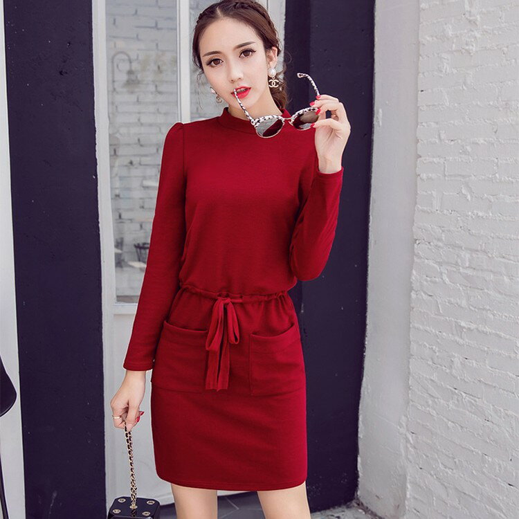 現貨*簡約立領收腰抽繩純色口袋洋裝[98551-QF]灰姑娘