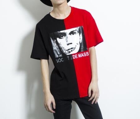 FINDSENSE MD 韓國 潮 男 時尚 黑紅色拼接 字母印花 人物頭像圖案 短袖T恤 人物圖案T 特色T恤