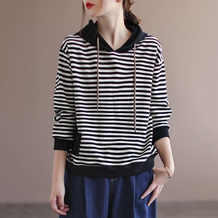 現貨加厚保暖經典條紋連帽T恤棉T長袖上衣【75-21-86350-21】ibella 艾貝拉
