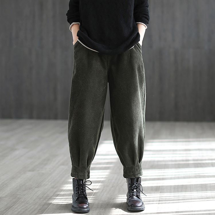 現貨 保暖加絨高腰燈芯絨哈倫褲九分褲休閒褲中大尺碼【75-27-86397-21】ibella 艾貝拉