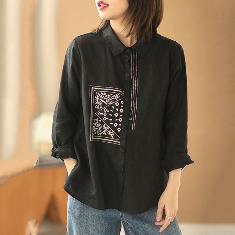 現貨文青刺繡圖騰亞麻襯衫長袖上衣女【75-12-86906-22】ibella 艾貝拉
