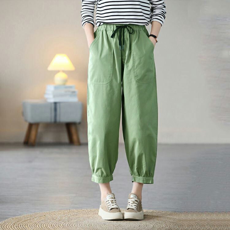 現貨繫帶鬆緊腰縮口九分褲休閒褲哈倫褲寬褲【75-27-87590-22】ibella 艾貝拉