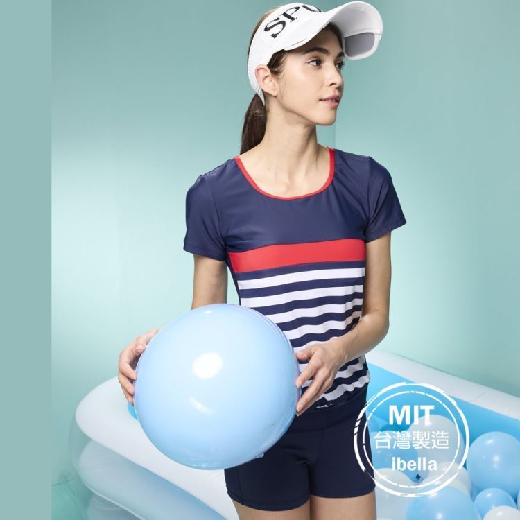 加大台灣製造MIT現貨女萊卡條紋短袖泳衣泳裝平口泳褲二件式(附帽)【36-66-8H23112A-23】ibella艾貝拉