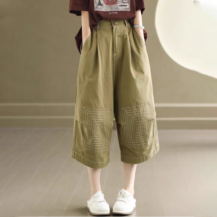 幾何刺繡後鬆緊腰褲子寬褲直筒褲休閒褲【75-17-8977-24】ibella 艾貝拉