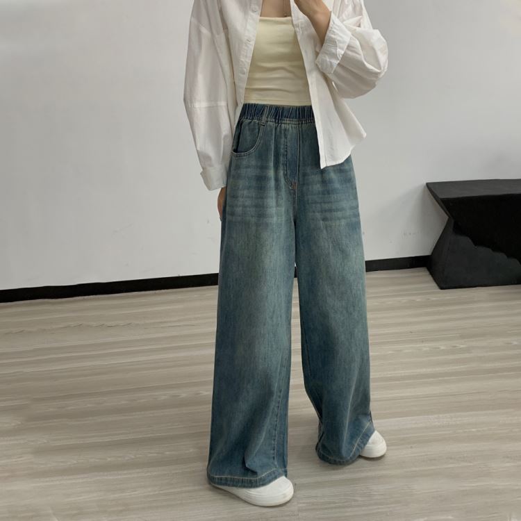 復古洗水牛仔褲鬆緊高腰拖地長褲寬褲【75-27-8653-24】ibella 艾貝拉