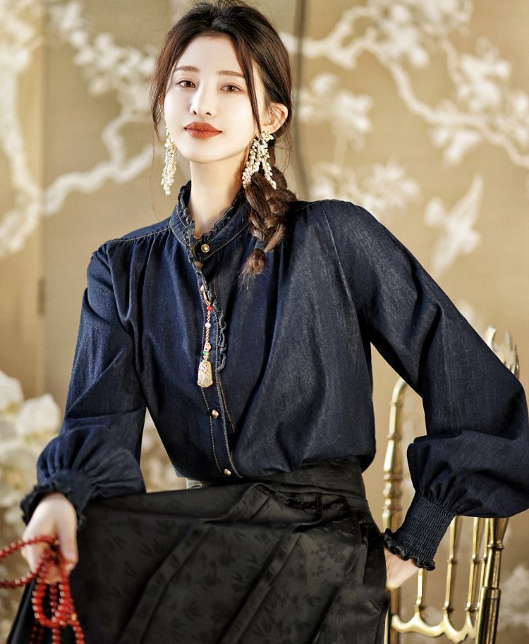 荷葉立領鬆緊袖口牛仔襯衫上衣【110-22-82862-25】ibella 艾貝拉