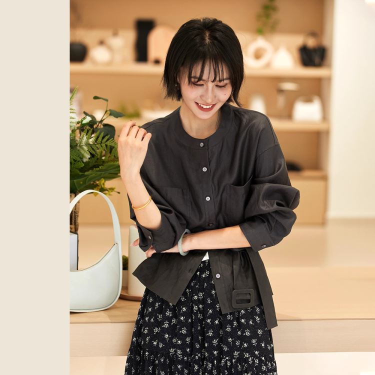 法式圓領長袖繫帶外套短款上衣女【110-25-83136-25】ibella 艾貝拉