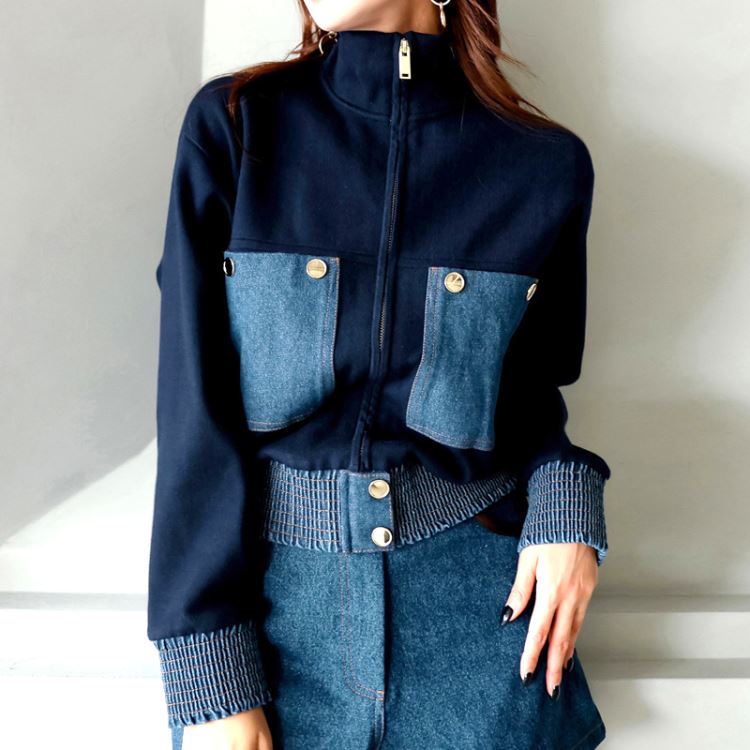 立領拉?短外套牛仔拼接針織外套韓版女【111-25-86068-25】ibella 艾貝拉