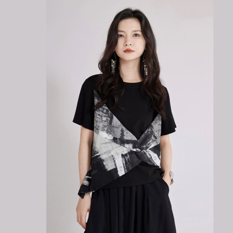 設計感水墨畫假兩件短袖t恤女上衣【13-11-88969-25】ibella 艾貝拉