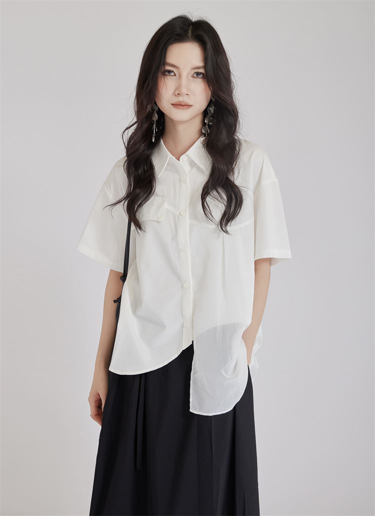 不對稱拼接短袖襯衫女上衣【13-12-88889-25】ibella 艾貝拉