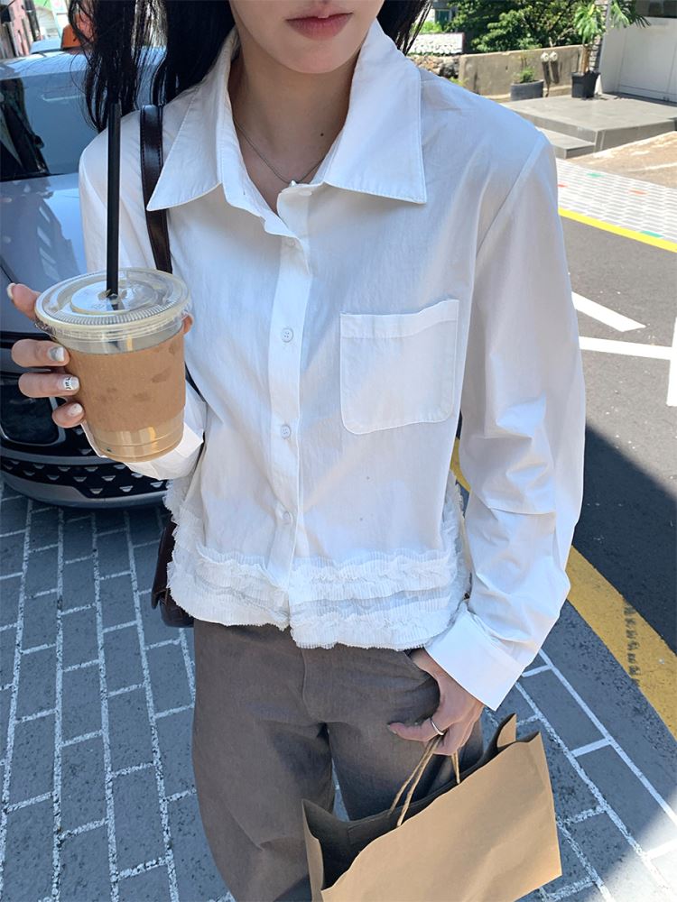 韓系荷葉下襬短版長袖襯衫上衣【29-22-8H1CA530827-25】ibella 艾貝拉