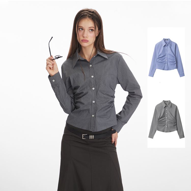 美式修身顯瘦收腰長袖襯衫上衣女【31-22-8C5406-25】ibella 艾貝拉