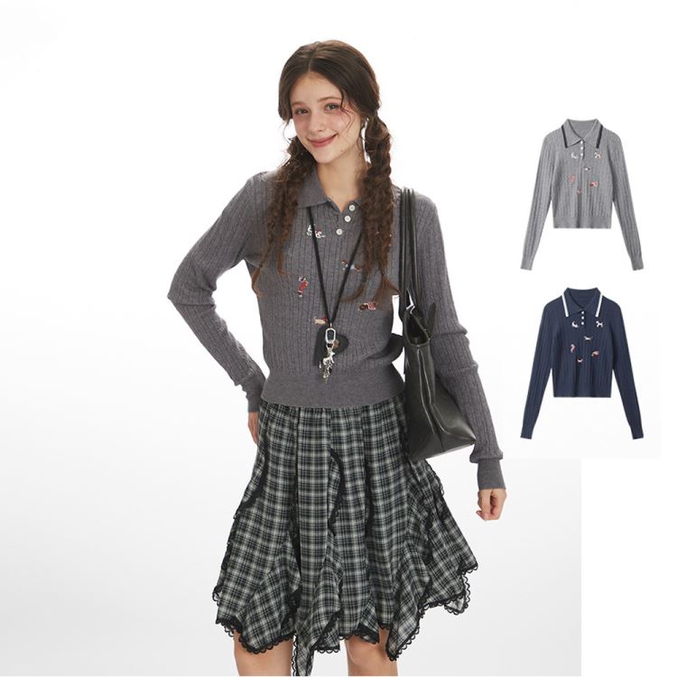 學院風刺繡小狗長袖針織衫針織上衣毛衣女【31-24-8N5437-25】ibella 艾貝拉