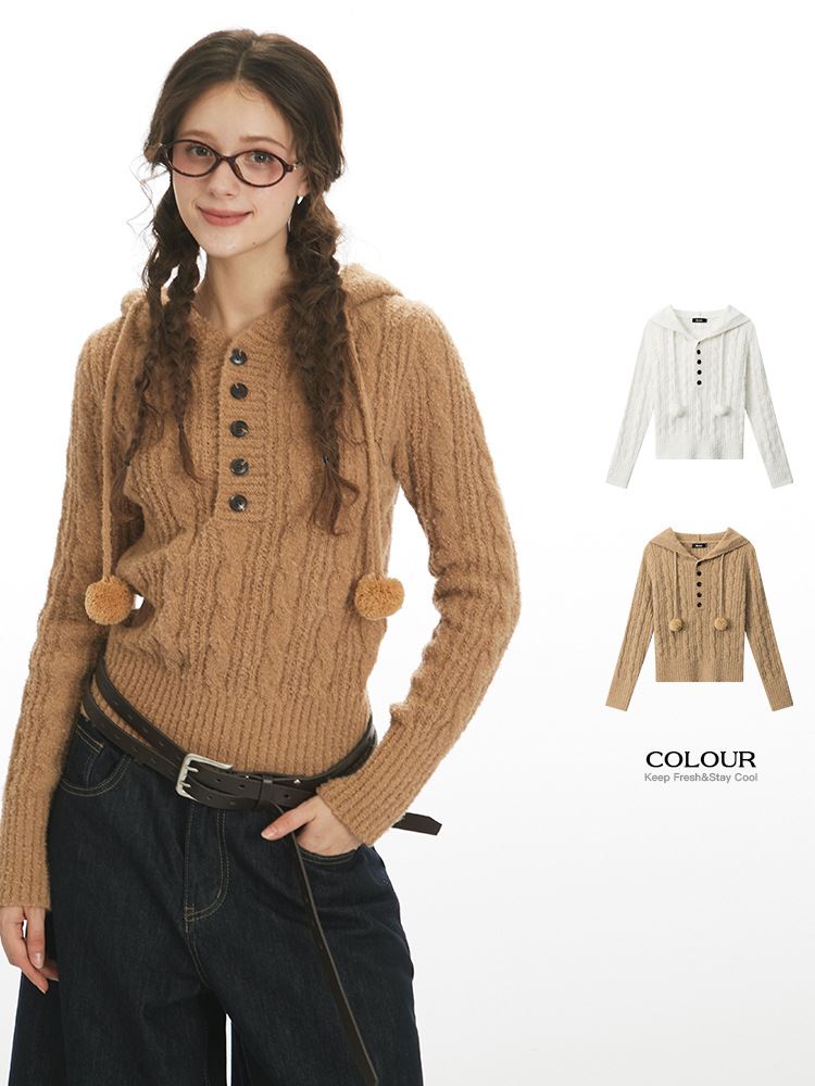 學院風短款長袖連帽針織衫針織上衣毛衣【31-24-8N5498-25】ibella 艾貝拉