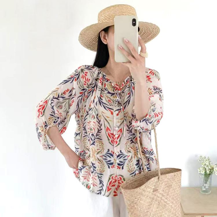 韓版印花繫帶七分袖雪紡上衣襯衫【55-13-85685-25】ibella 艾貝拉