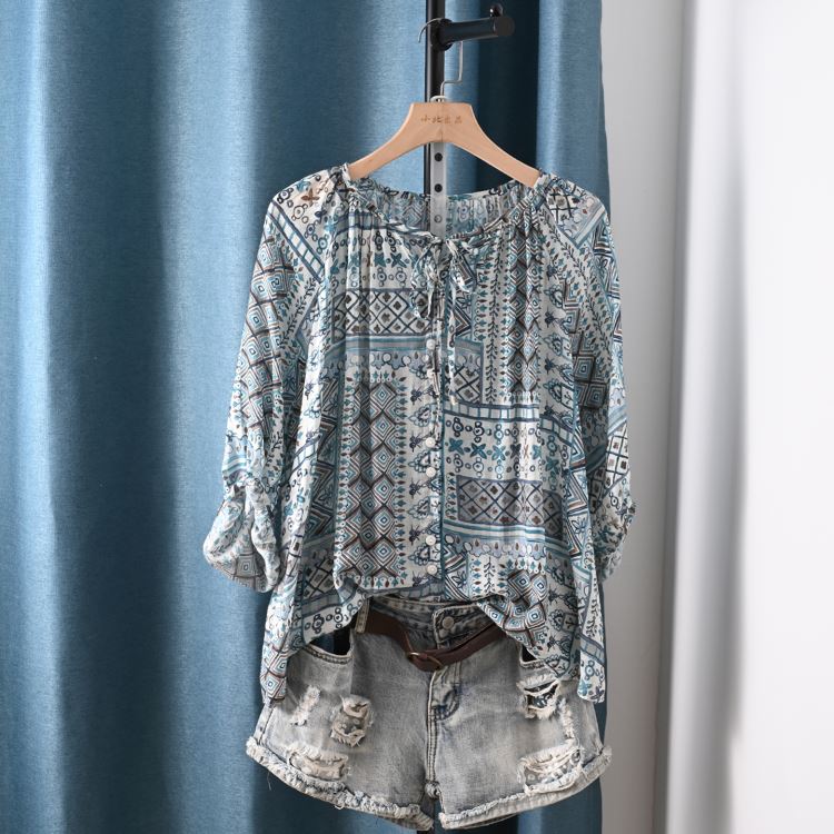 民族風印花圓領繫帶七分袖襯衫上衣【55-12-857030-25】ibella 艾貝拉