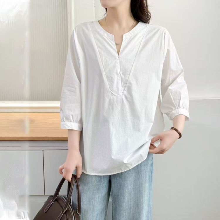 文青風v領七分袖襯衫女上衣【55-12-857093-25】ibella 艾貝拉