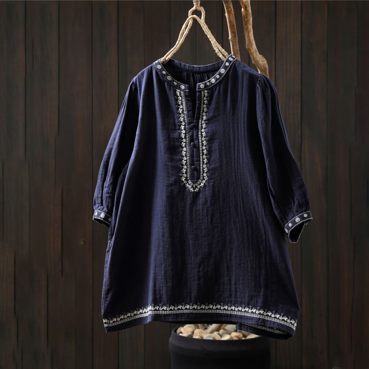 刺繡雙層棉紗七分袖襯衫上衣【75-12-8253-25】ibella 艾貝拉