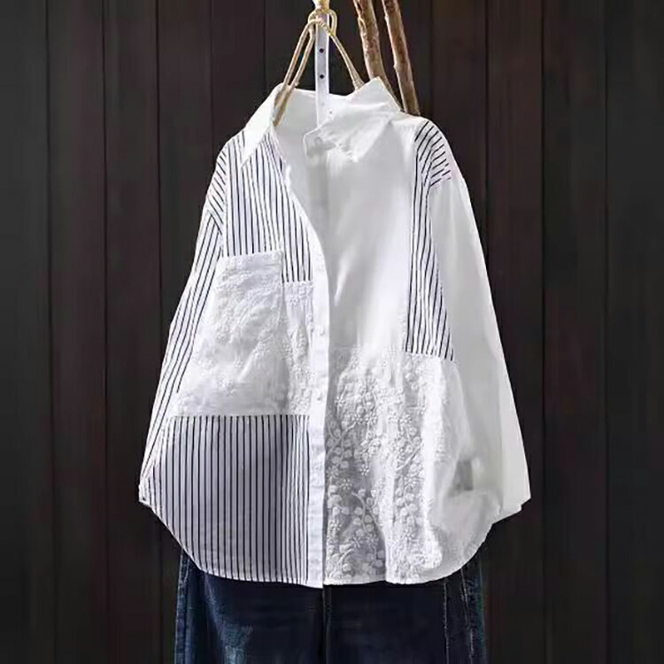 棉條紋刺繡拼接襯衫長袖上衣女【75-22-893076-25】ibella 艾貝拉