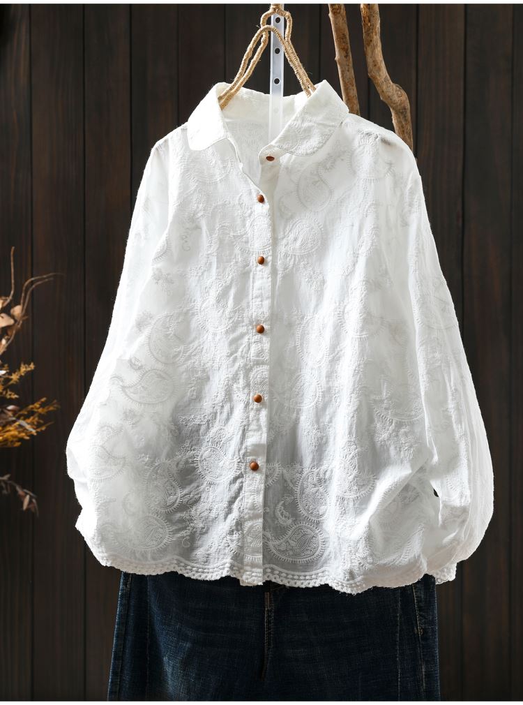 文青刺繡白襯衫長袖棉上衣女【75-22-89555-25】ibella 艾貝拉