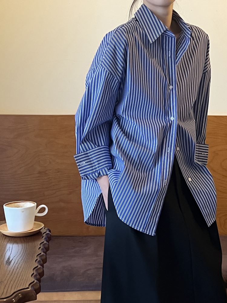 法式復古條紋襯衫女寬鬆長袖設計感小眾襯衫【83-12-83188-25】ibella 艾貝拉