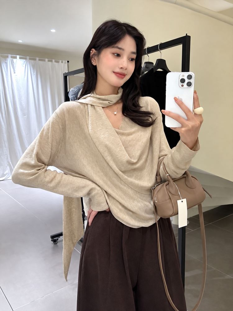 韓版女裝法式V領交叉飄帶長袖針織上衣【60-24-802-26】ibella 艾貝拉