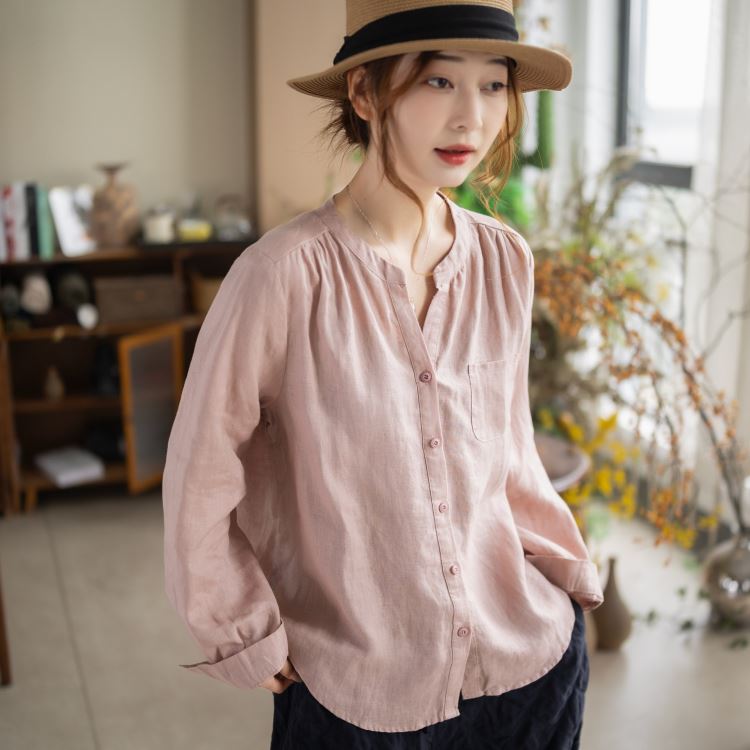 文青亞麻長袖襯衫寬鬆簡約棉麻上衣女【75-12-87115-26】ibella 艾貝拉 3