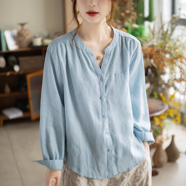 文青亞麻長袖襯衫寬鬆簡約棉麻上衣女【75-12-87115-26】ibella 艾貝拉