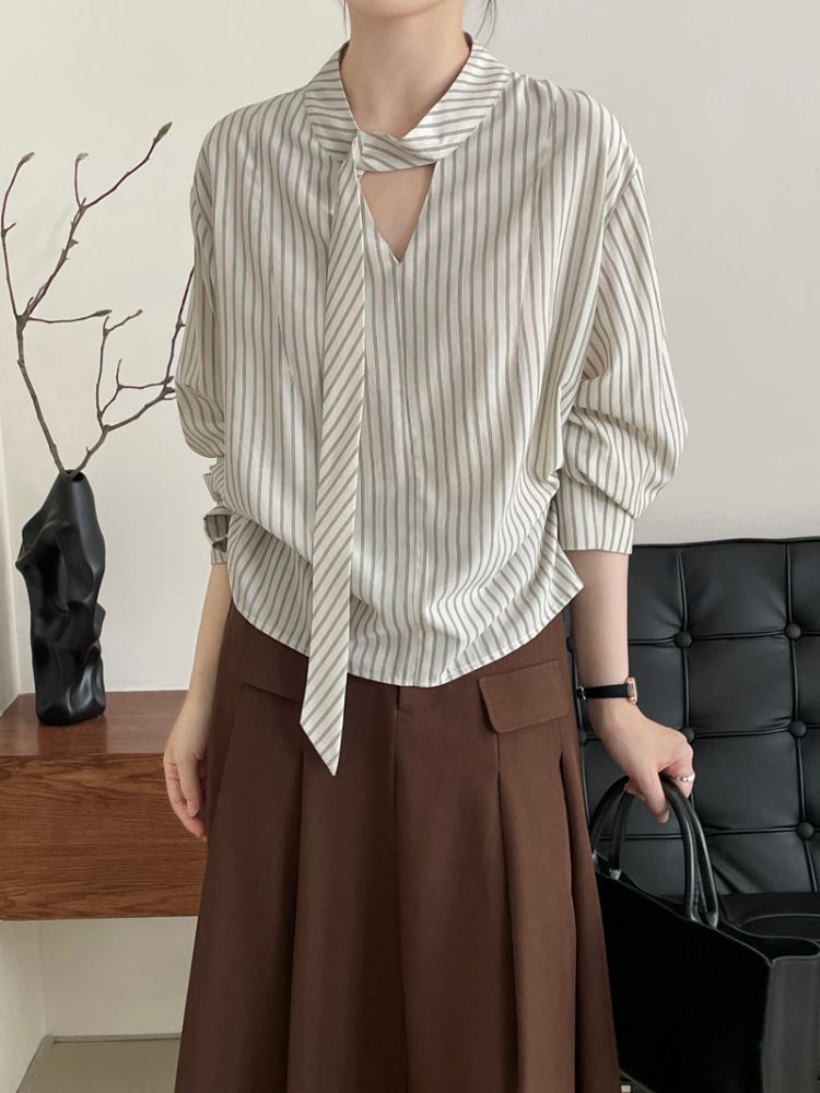 韓系飄帶領條紋襯衫女長袖上衣【82-22-82588-26】ibella 艾貝拉