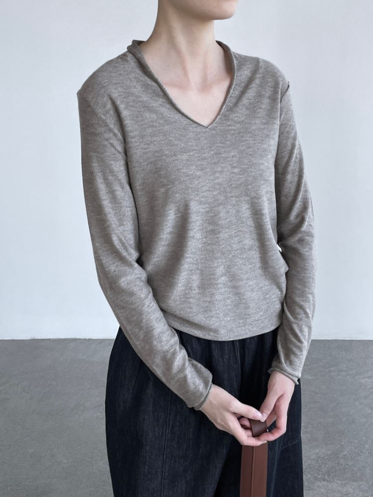 V領卷邊長袖針織衫女修身百搭上衣【82-24-8YL176-26】ibella 艾貝拉