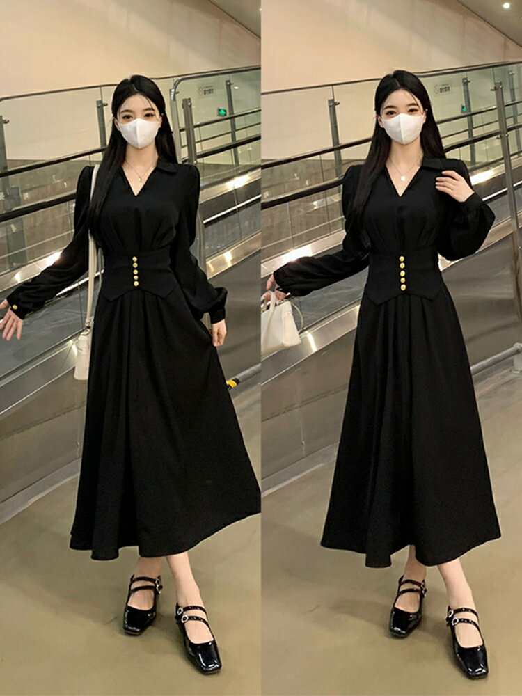 大碼女裝法式高階感赫本風連衣裙秋季洋裝氣質小黑裙胖MM垂感顯瘦裙子【步行者戶外生活館】