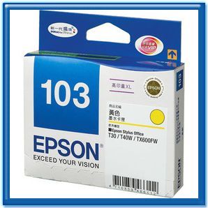<br/><br/>  EPSON T103450 NO.103 原廠黃色高容量XL墨水匣<br/><br/>
