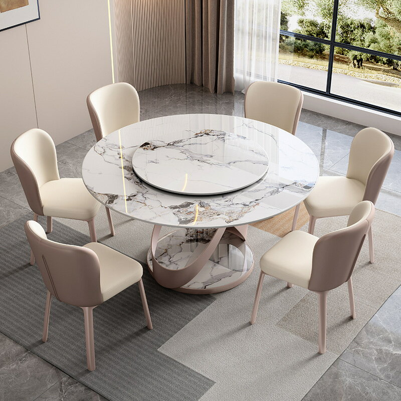 桌子 亮光巖板圓形餐桌家用帶轉盤8人飯桌小戶型旋轉圓桌
