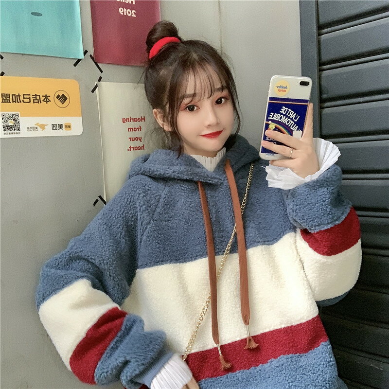 羊羔毛衛衣女士秋冬新款韓版寬松加絨加厚連帽上衣外套