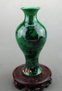 景德鎮陶瓷 綠釉翡翠花擺件 仿古花瓶青花瓷瓶綠色家居擺設送底座1入