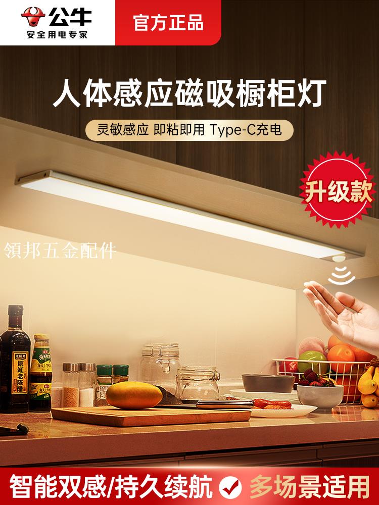 公牛人體感應櫥櫃燈led燈條酒櫃長條廚房免布線充電磁吸式衣櫃燈[領邦五金配件]