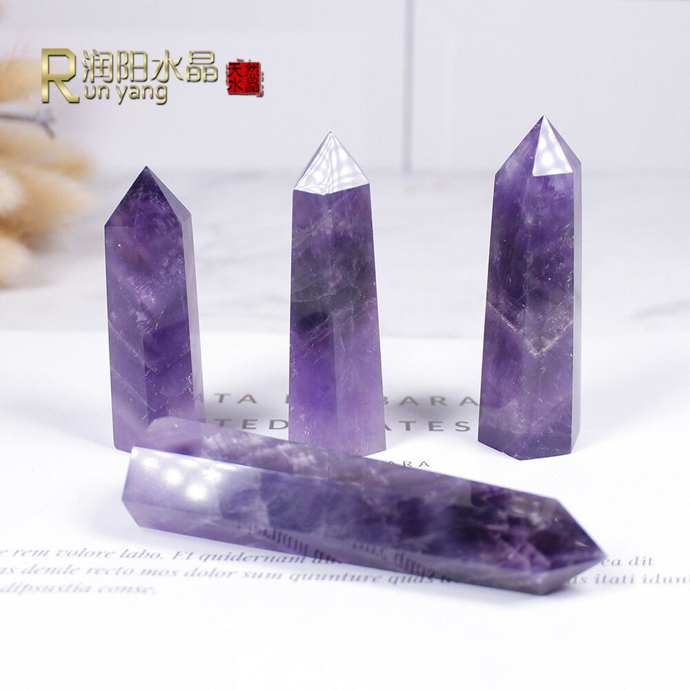Runyangshi天然烏拉圭深紫水晶原石打磨單尖六棱水晶柱裝飾擺件