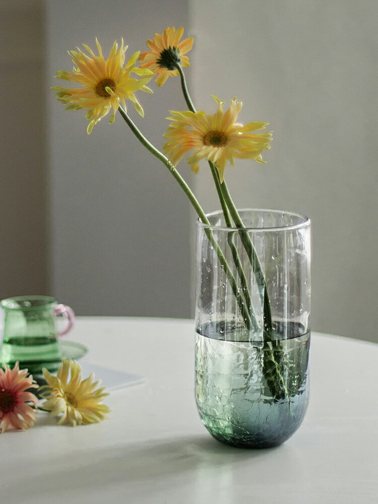 南十字星 現代透明玻璃花瓶冰裂紋翠綠瓶客廳餐桌水培鮮花器 翠冰