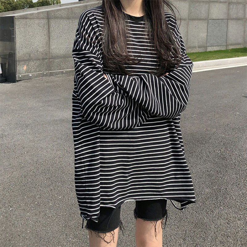 waitmore長袖T恤女春秋寬松韓版ins潮學生bf不規則破洞上衣服