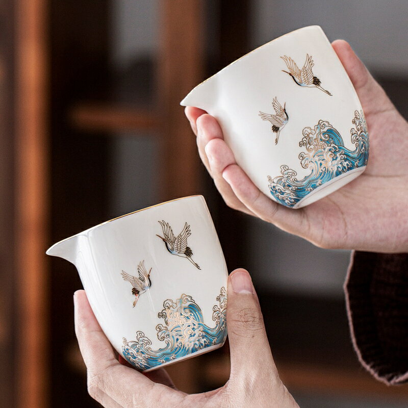 祥鶴觀海羊脂玉公道杯茶具配件陶瓷茶具套裝中國白瓷分茶器茶海