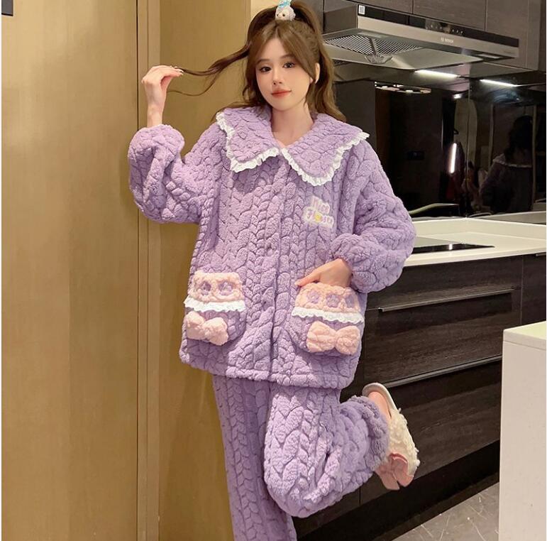 珊瑚絨睡衣女秋冬季加厚毛絨法蘭絨寬松加肥大碼280斤家居服套裝【步行者戶外生活館】