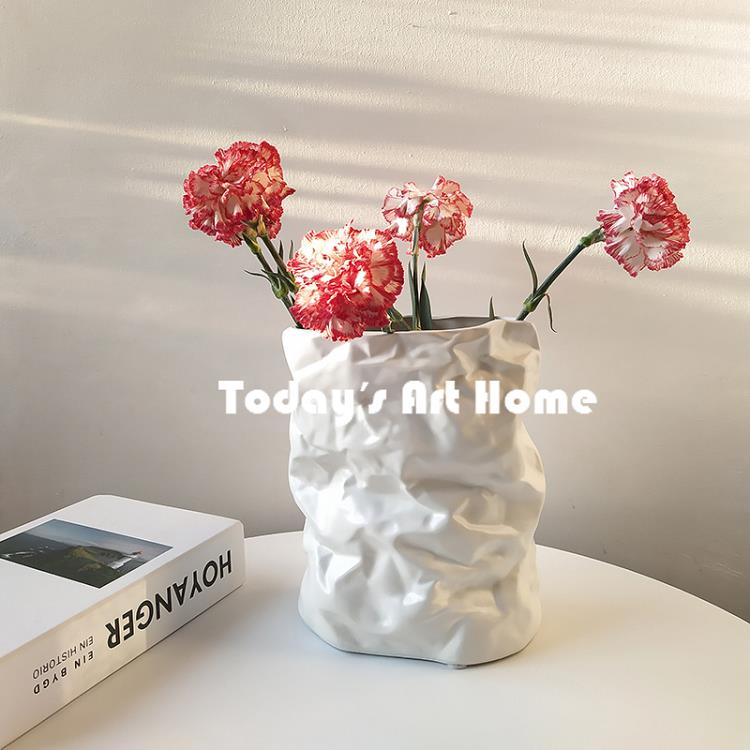 TODAYSART現代藝術褶皺花瓶白色陶瓷紙袋型簡約花器插花干花擺件