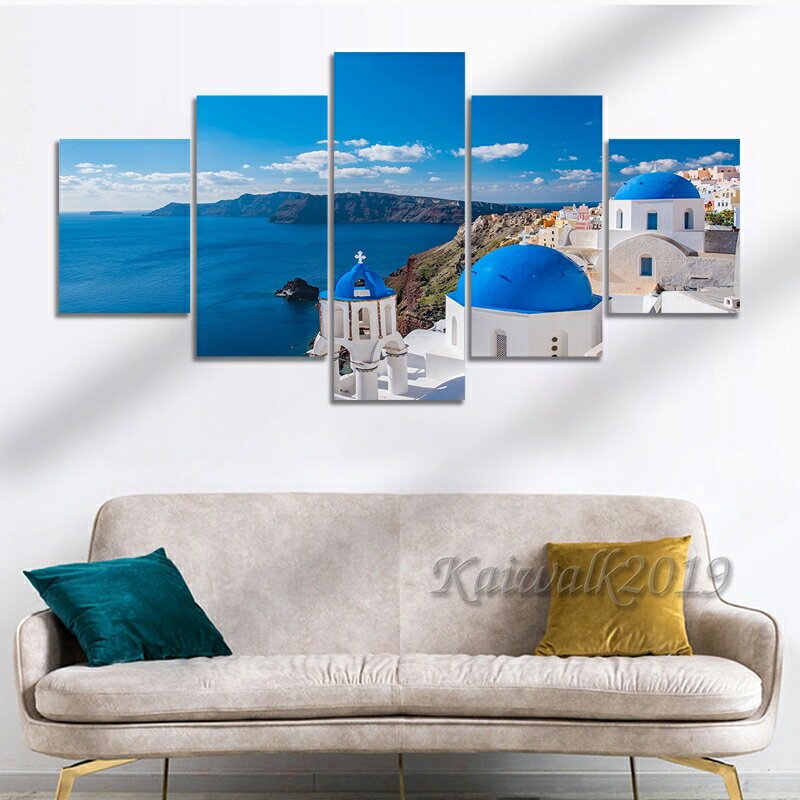實木框畫 地中海 聖托里尼島 愛琴海 自然風景 海景 五聯居家裝飾畫 客廳掛畫 房間壁畫壁貼 生日禮物 無框畫 客製化