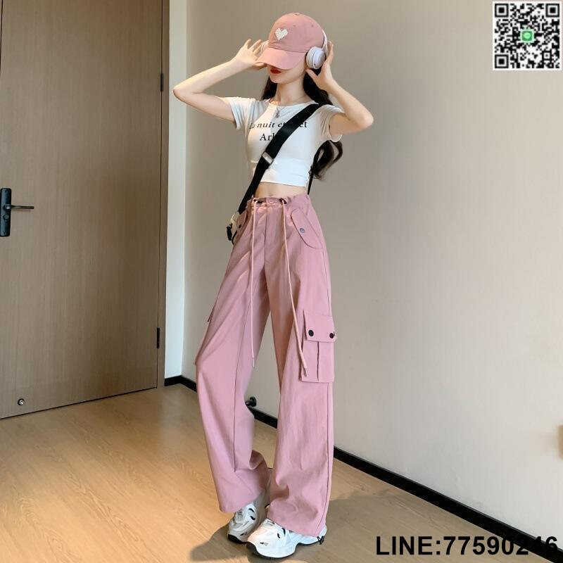 【歡樂購】闊腿女春夏季新款抽繩工裝褲垂感顯瘦復古運動休閒風高腰束腳長褲流行女裝女性褲子休閒服裝~DA16433